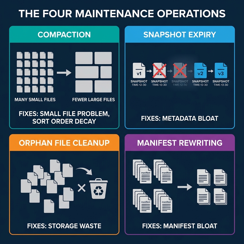 The four Iceberg maintenance operations: compaction, snapshot expiry, orphan cleanup, and manifest rewriting