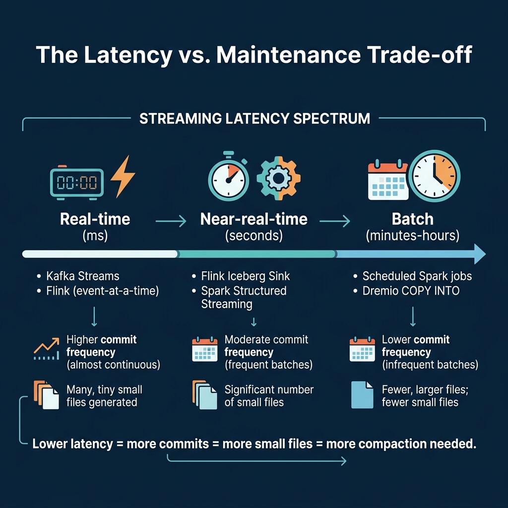 The spectrum from real-time to batch showing how latency affects small file production