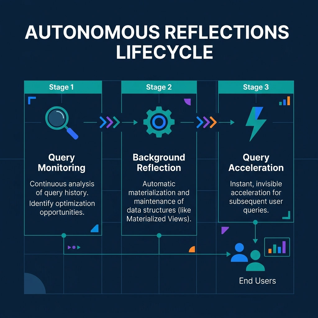 Autonomous Reflections lifecycle showing query monitoring, background creation, and query acceleration
