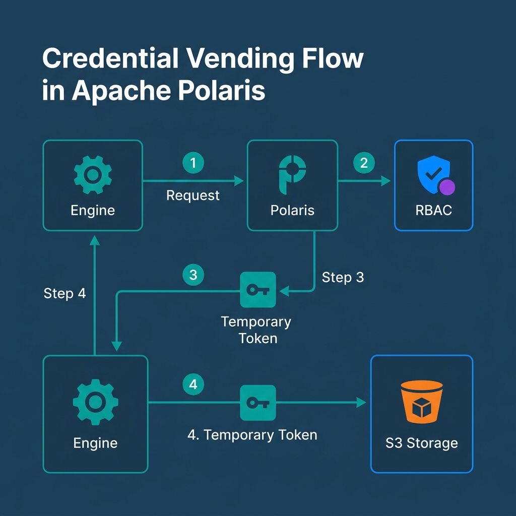 Credential vending flow showing Engine, Polaris RBAC check, temporal token, and S3 access